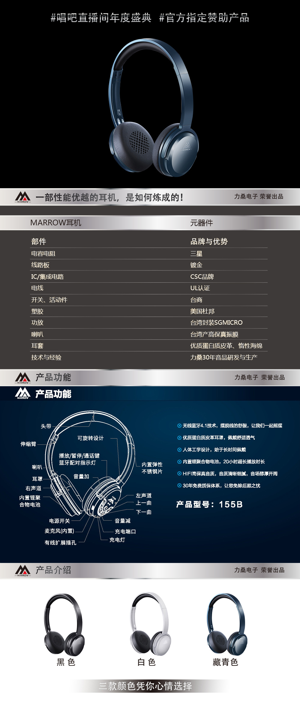 MARROW155B蓝牙耳机头戴式 手机电脑无线4.0音乐重低音运动耳麦