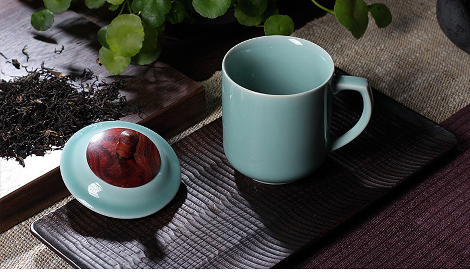 五行素雅杯 陶瓷杯子带盖茶杯水杯办公杯 龙泉青瓷大号茶杯